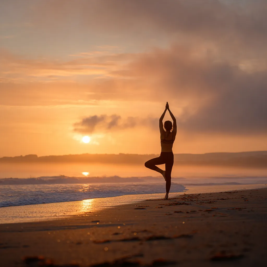 Yoga silhouette at sunset on the beach